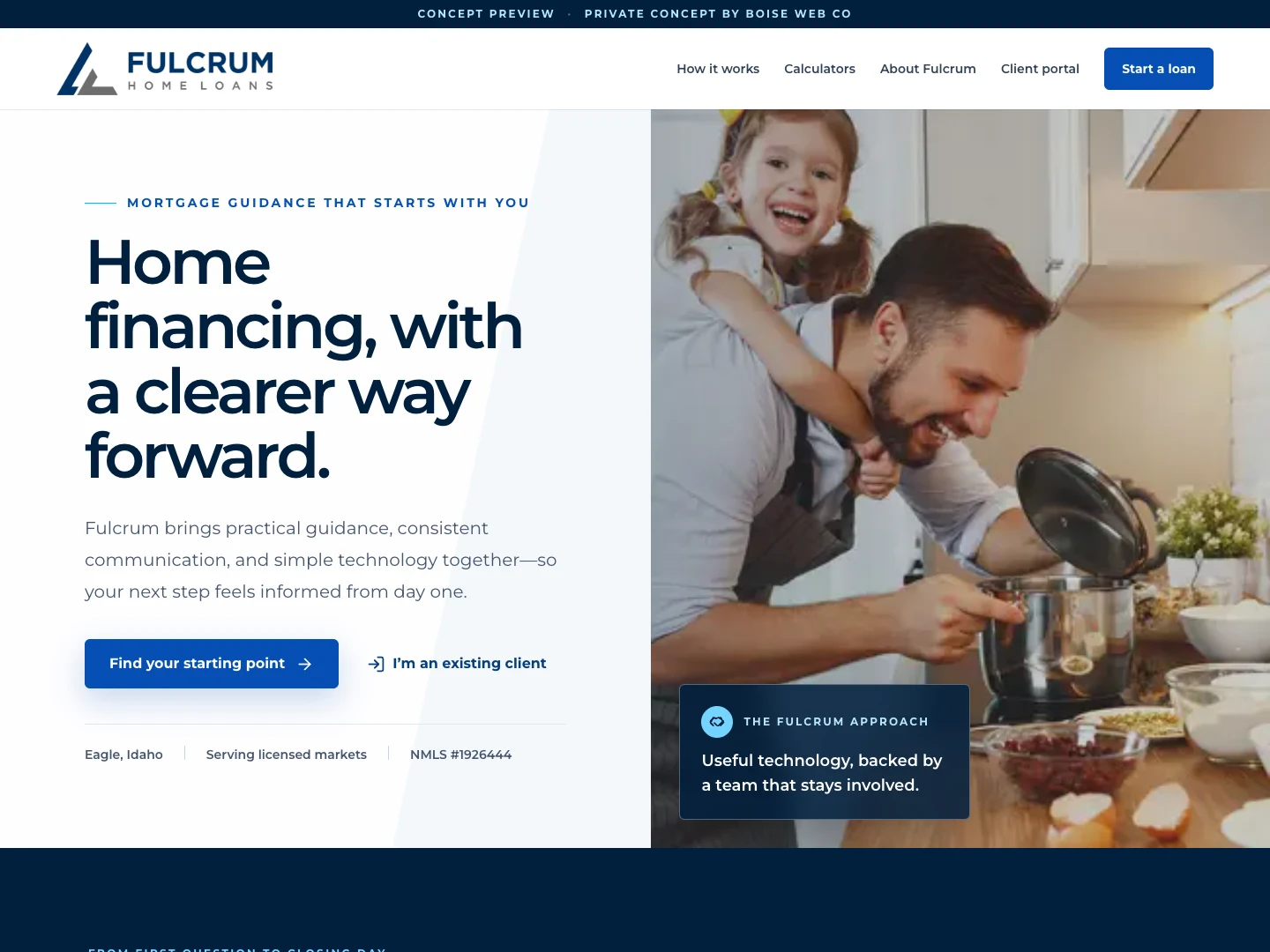 Fulcrum Home Loans concept homepage with borrower-first messaging and guided-start action