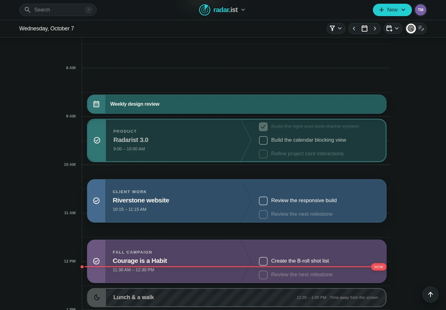 Radarist agenda with fictional project blocks and a design review in dark mode