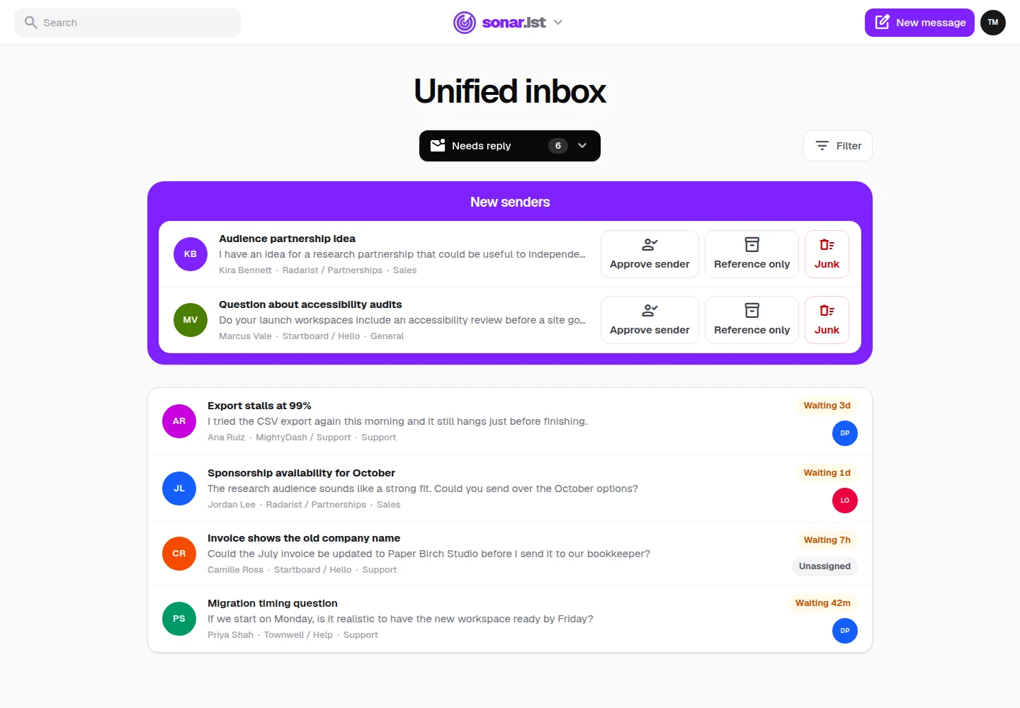 Sonarist unified inbox with fictional support conversations and new senders