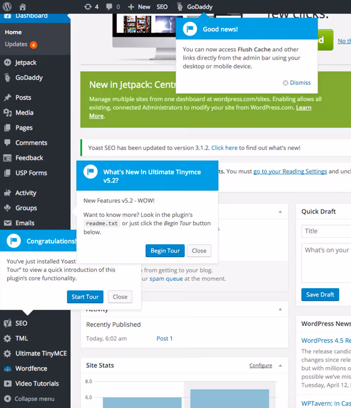 WordPress dashboard with many menus and settings