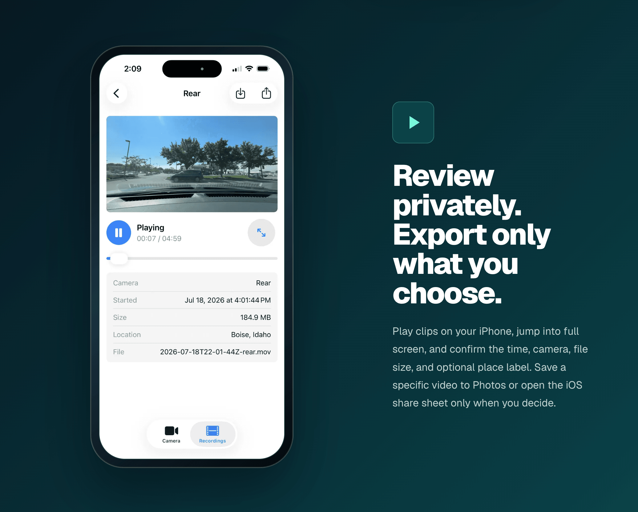 MightyDash clip review screen with private playback and optional export controls
