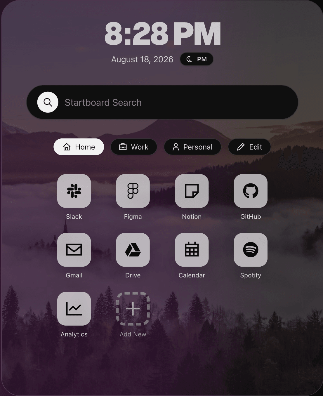 Startboard browser dashboard with search, workspace categories, and app shortcuts