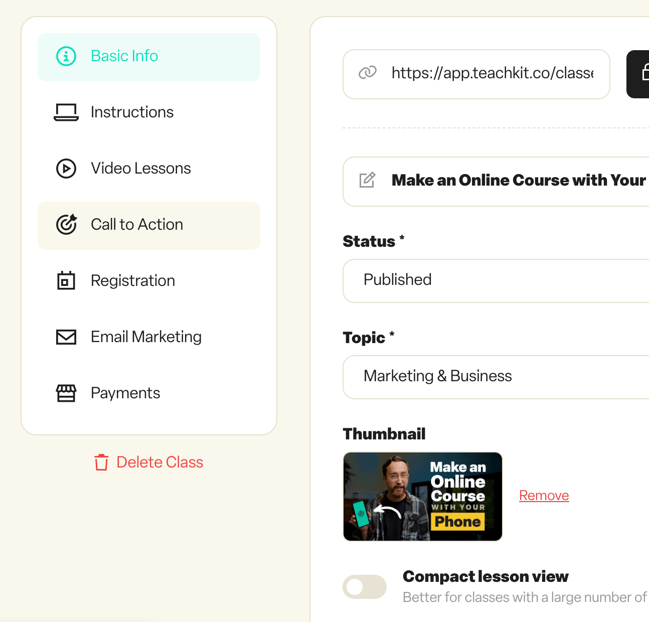 TeachKit course setup with staged sections for basic information, lessons, calls to action, registration, and marketing